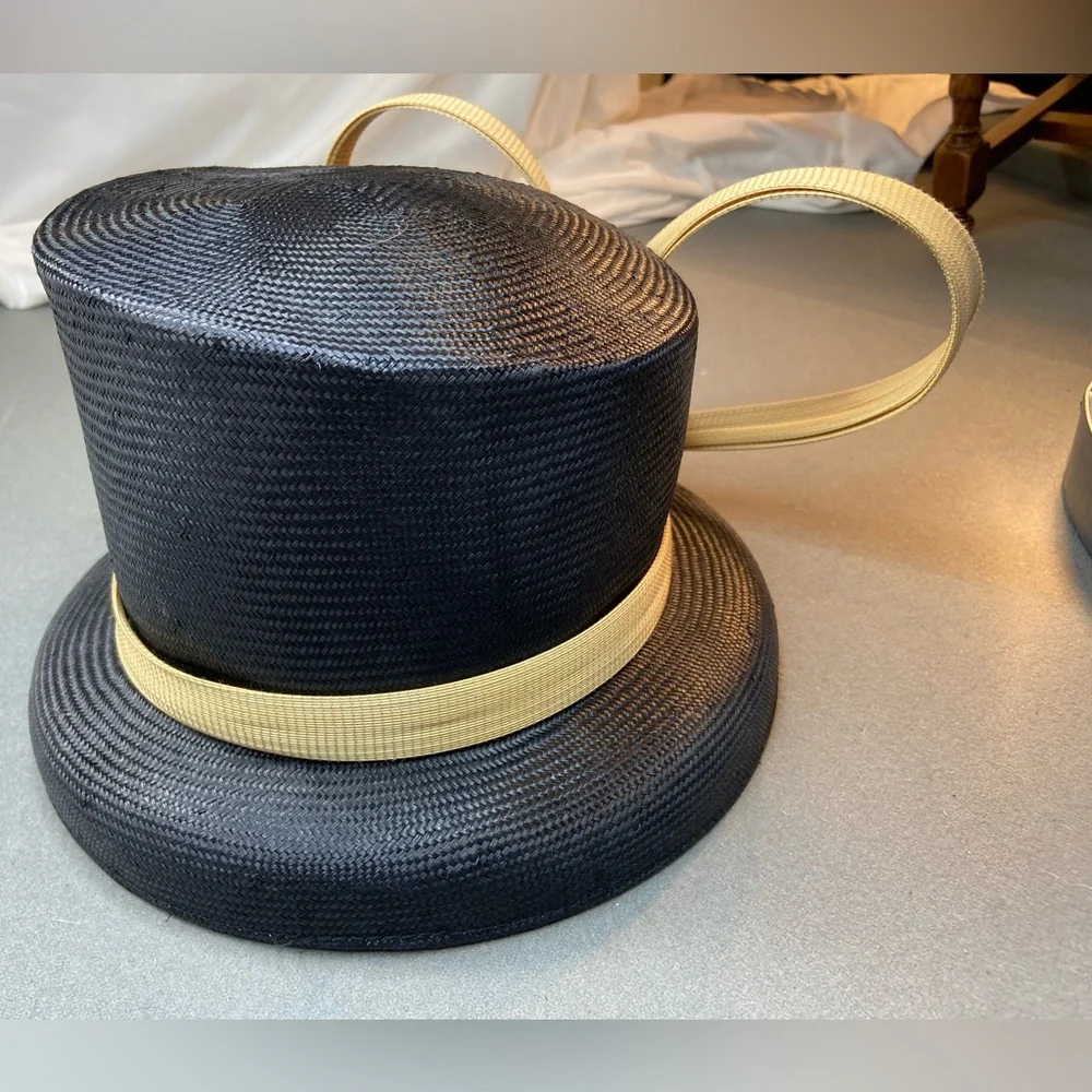 Philip Treacy London Asymmetrical‎ Navy Straw Hat with Sculptural Bow